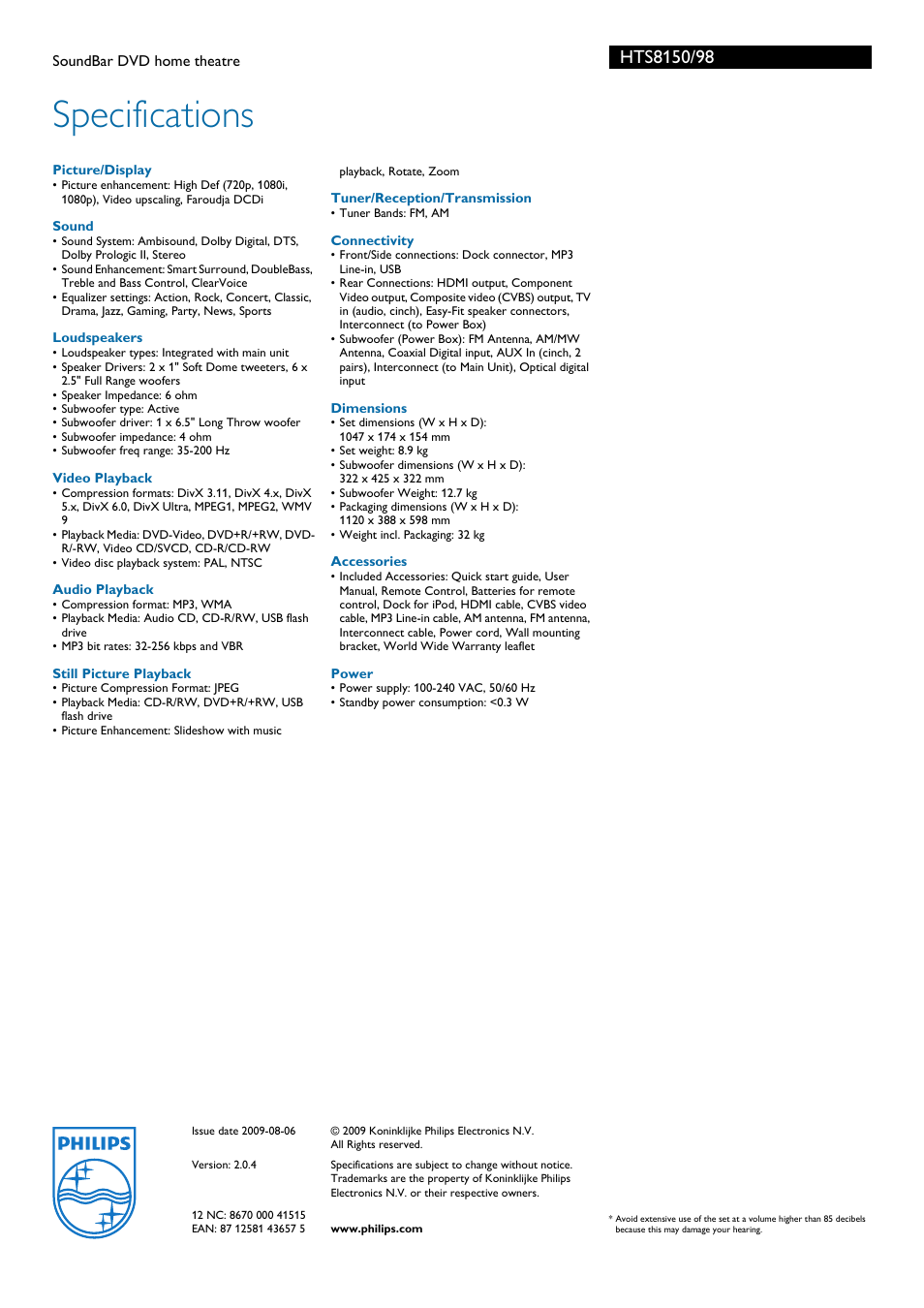 Specifications | Philips HTS8150 User Manual | Page 3 / 3