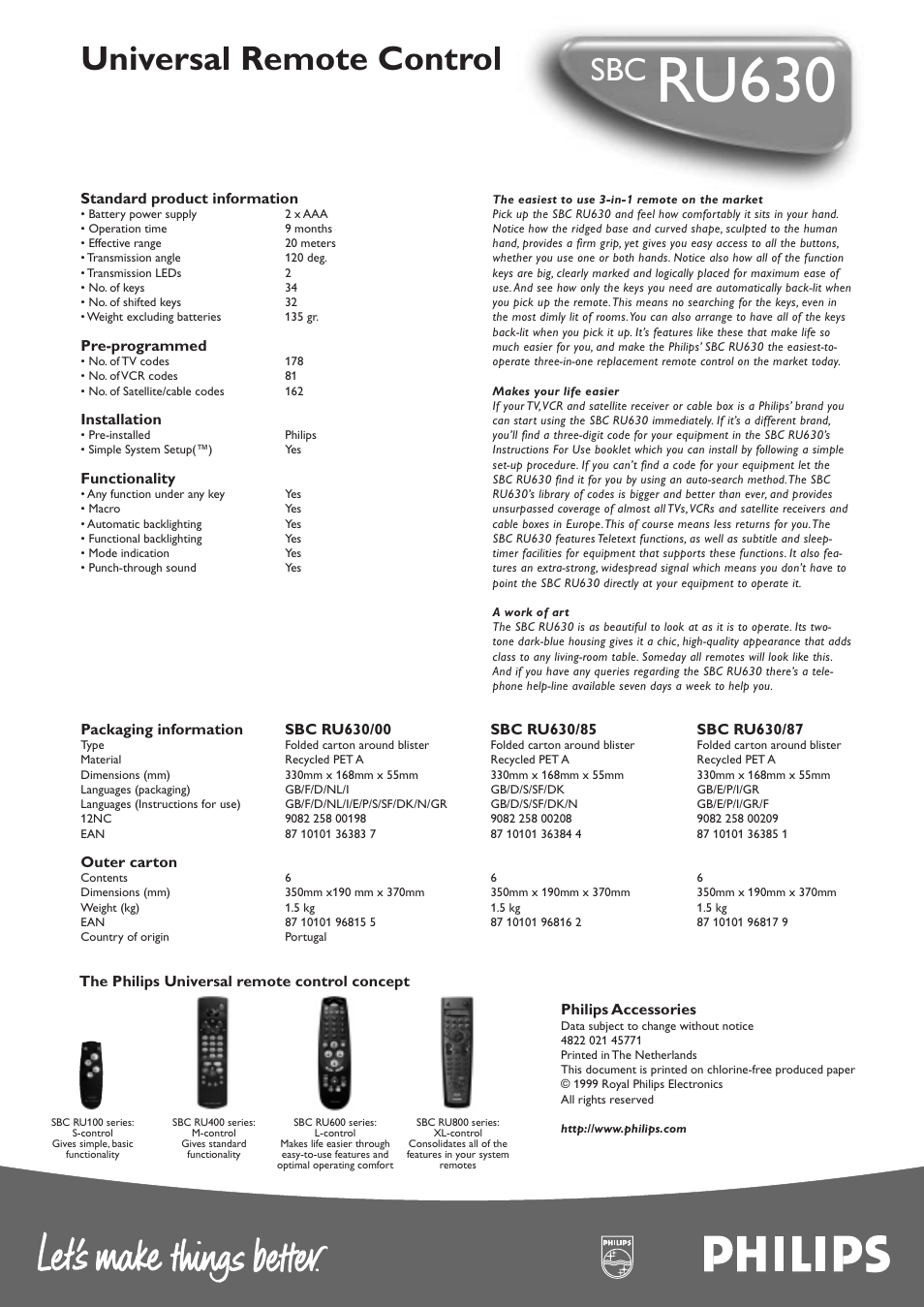 Ru630, Universal remote control | Philips SBC RU630 User Manual | Page 2 / 2