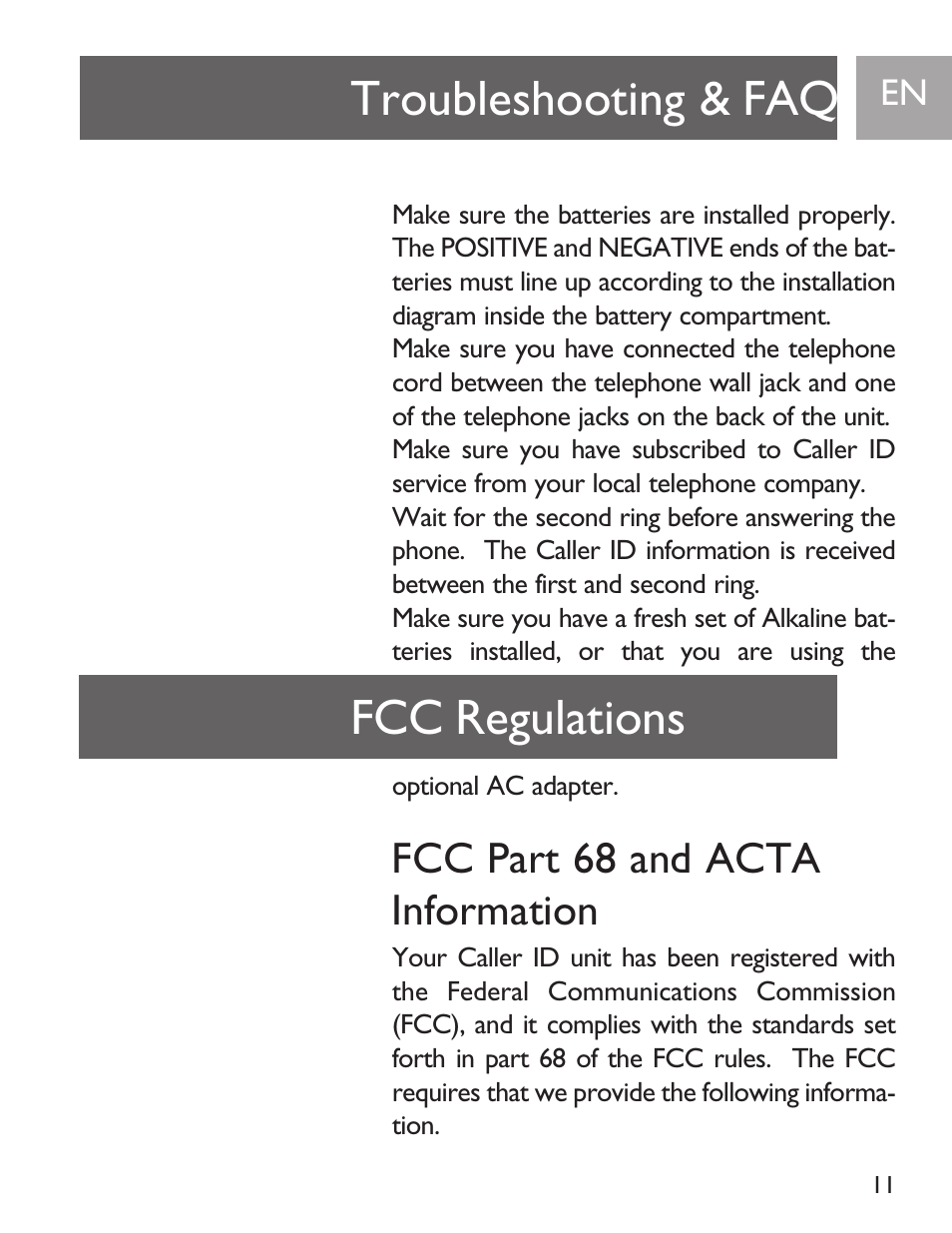 Troubleshooting & faq fcc regulations, Fcc part 68 and acta information | Philips SJA9190/17 User Manual | Page 11 / 33