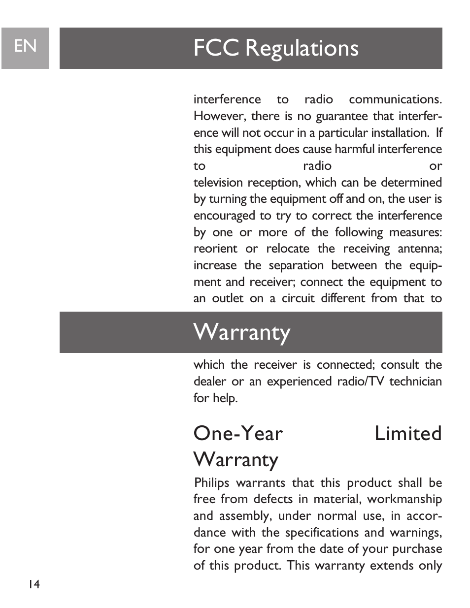 Fcc regulations warranty, One-year limited warranty | Philips SJA9190/17 User Manual | Page 14 / 33