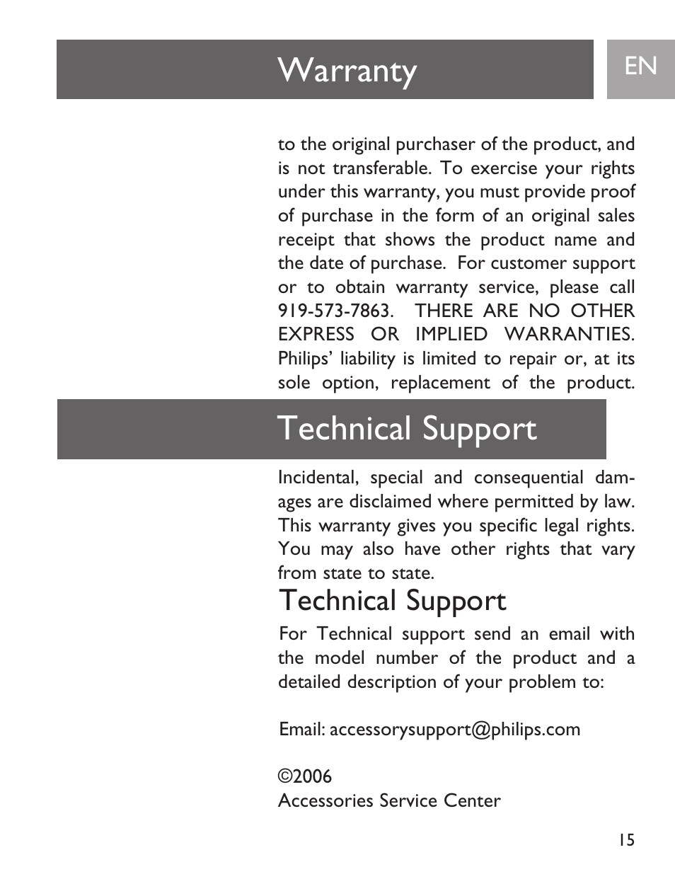 Warranty technical support, Technical support | Philips SJA9190/17 User Manual | Page 15 / 33