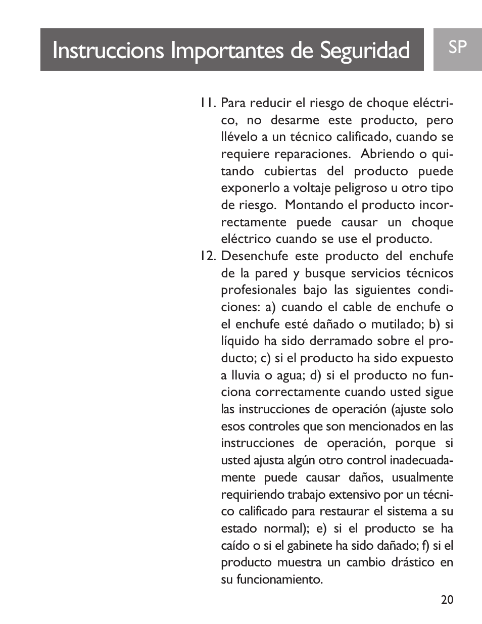 Instruccions importantes de seguridad | Philips SJA9190/17 User Manual | Page 20 / 33