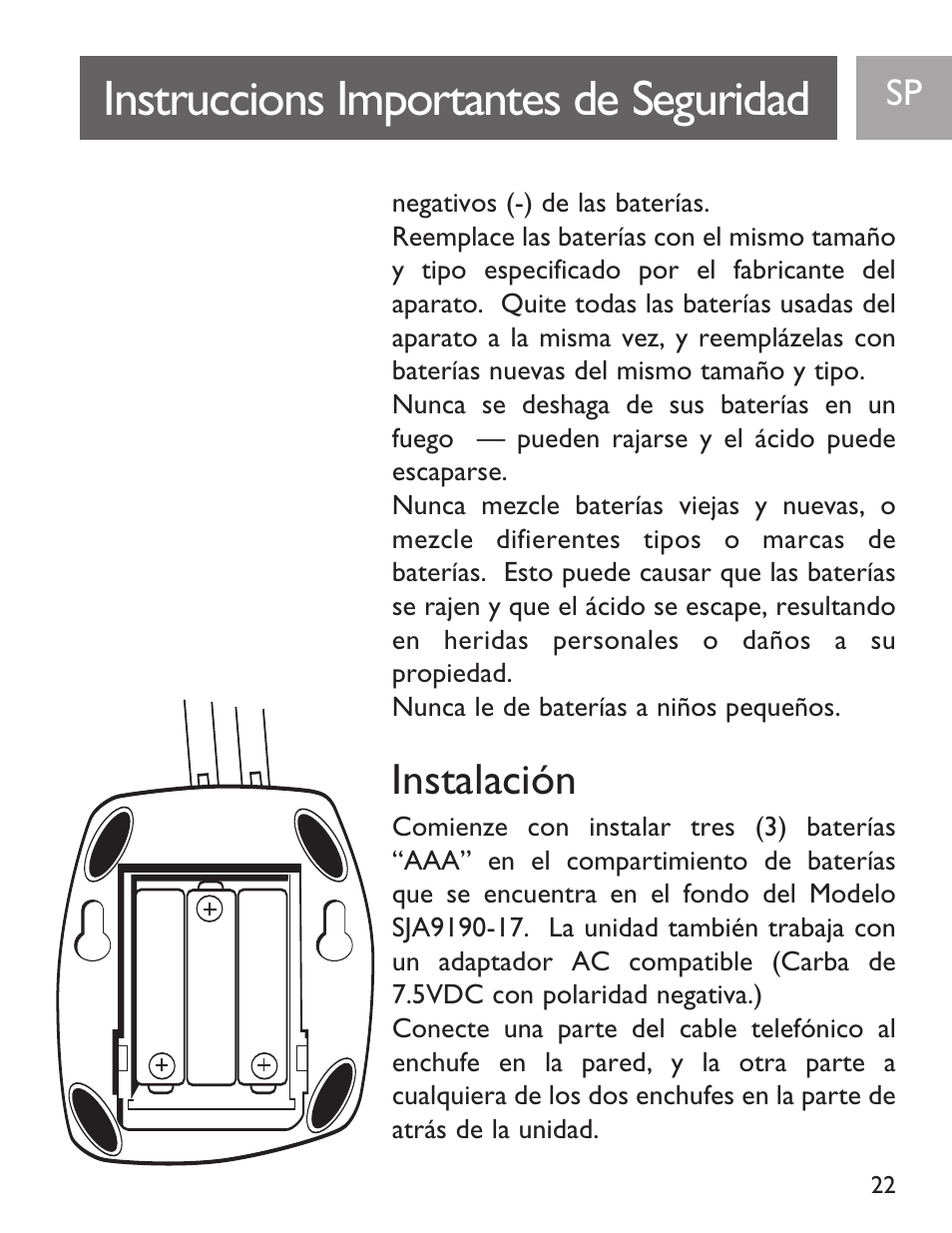 Instruccions importantes de seguridad, Instalación | Philips SJA9190/17 User Manual | Page 22 / 33