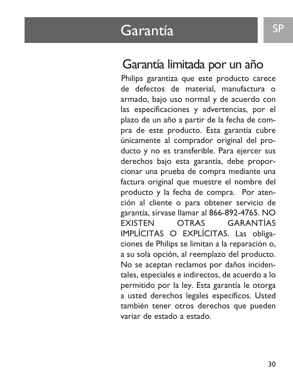 Garantía, Garantía limitada por un año | Philips SJA9190/17 User Manual | Page 30 / 33