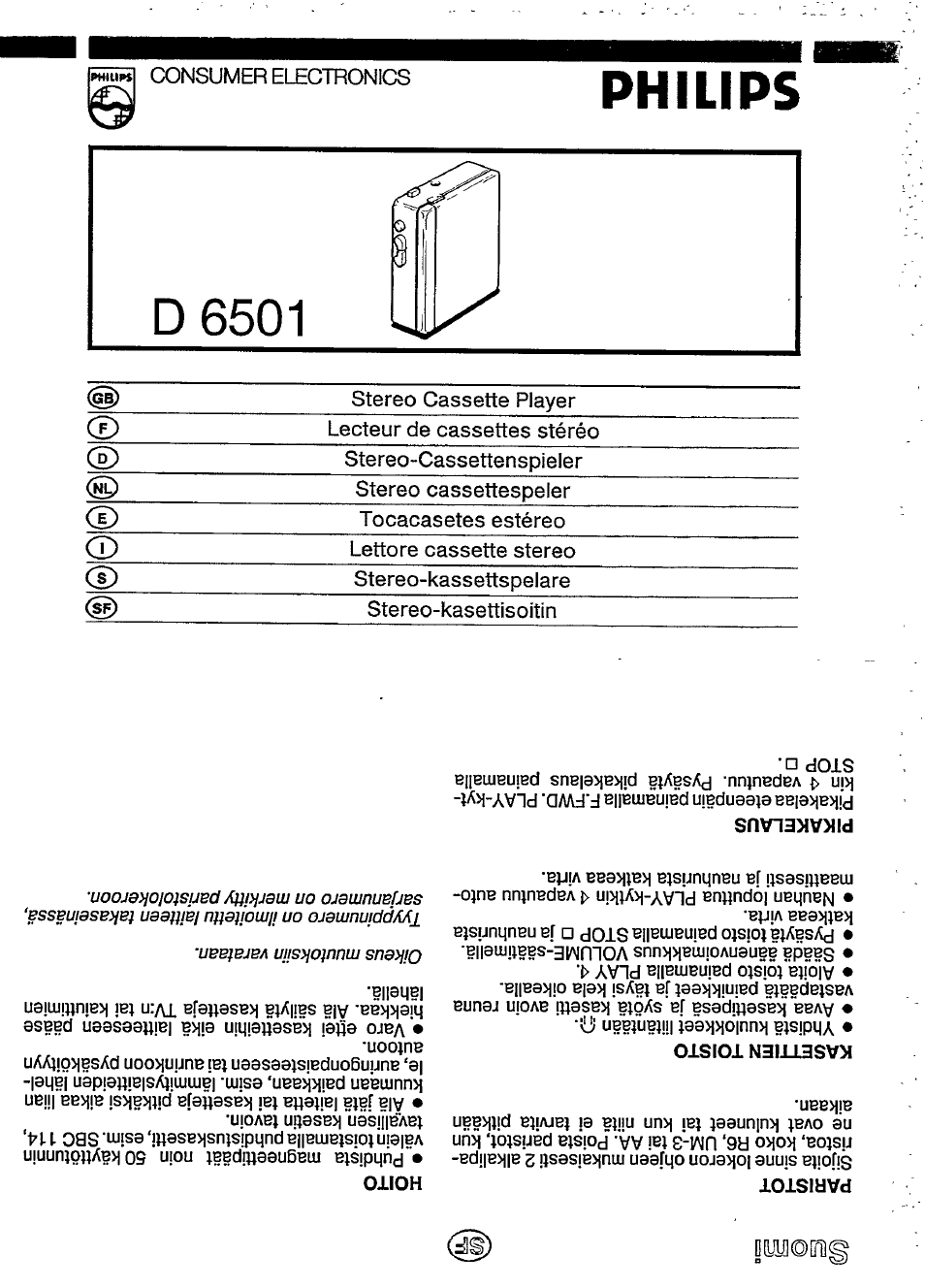 Paristot, Kasettien toisto, Hoito | Pikakelaus, Sdlllhd | Philips D6501 User Manual | Page 3 / 7