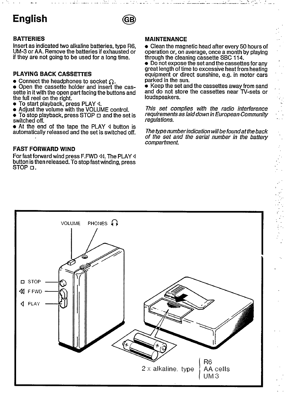 English, Batteries, Playing back cassettes | Fast forward wind, Maintenance | Philips D6501 User Manual | Page 4 / 7