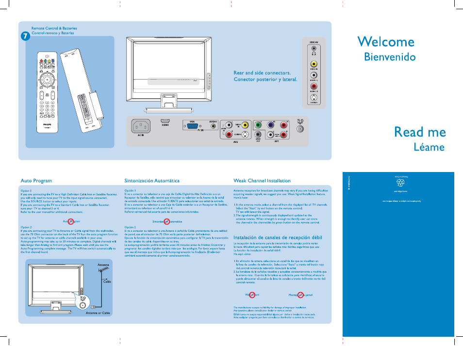 Welcome, Read me, Bienvenido | Léame, Auto program, Sintonización automática, Weak channel installation, Instalación de canales de recepción débil | Philips 19PFL5622D/37E User Manual | Page 2 / 2