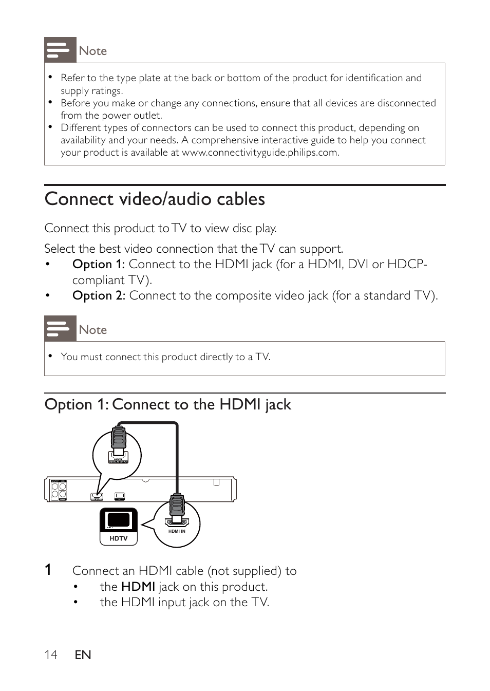 Connect video/audio cables | Philips BDP2500 User Manual | Page 14 / 49