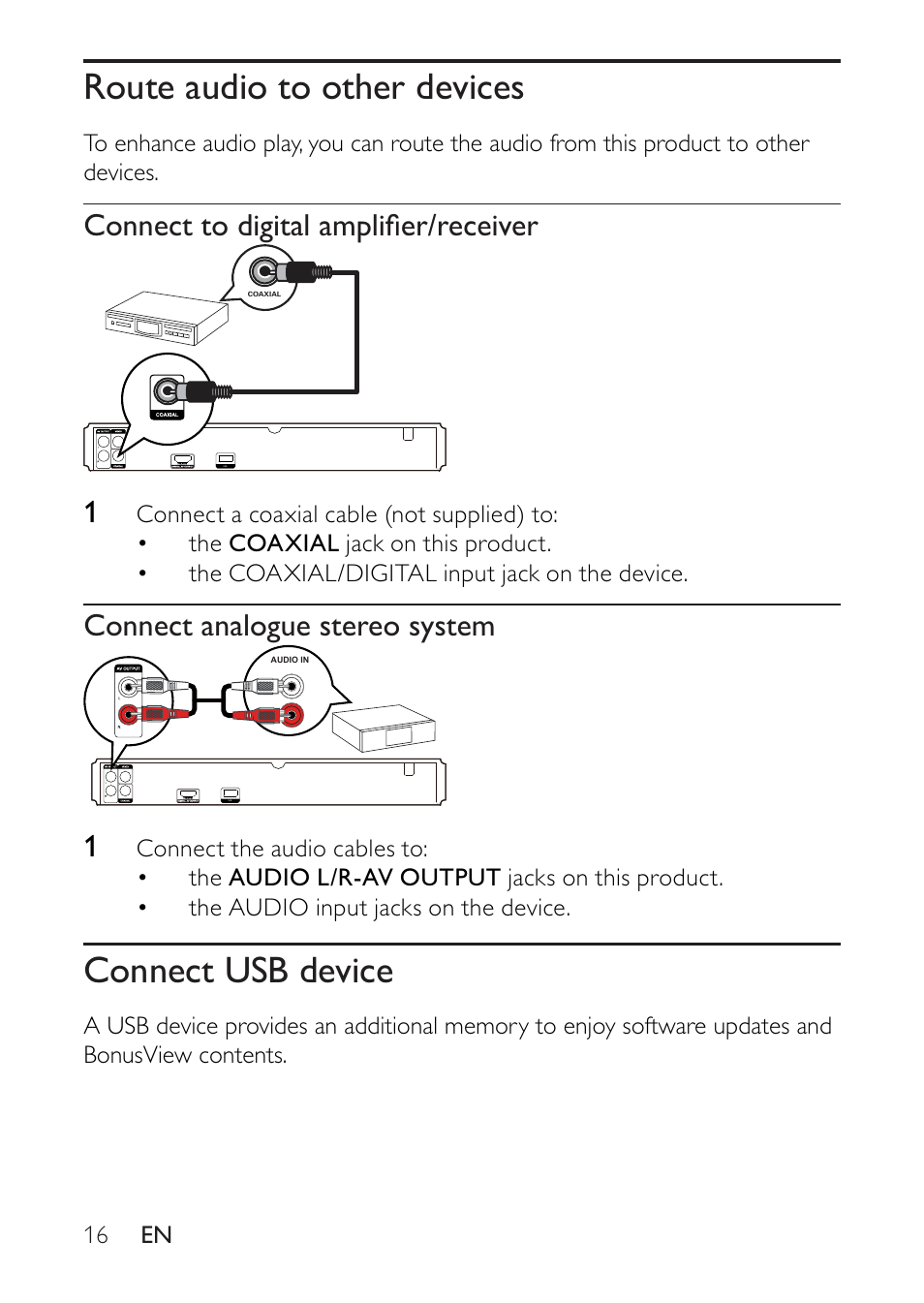 Route audio to other devices, Connect usb device | Philips BDP2500 User Manual | Page 16 / 49