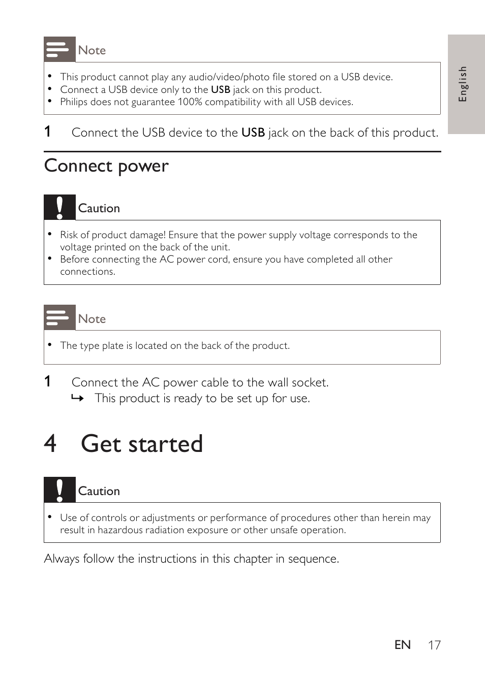 Connect power, 4 get started, 4 get | Started | Philips BDP2500 User Manual | Page 17 / 49