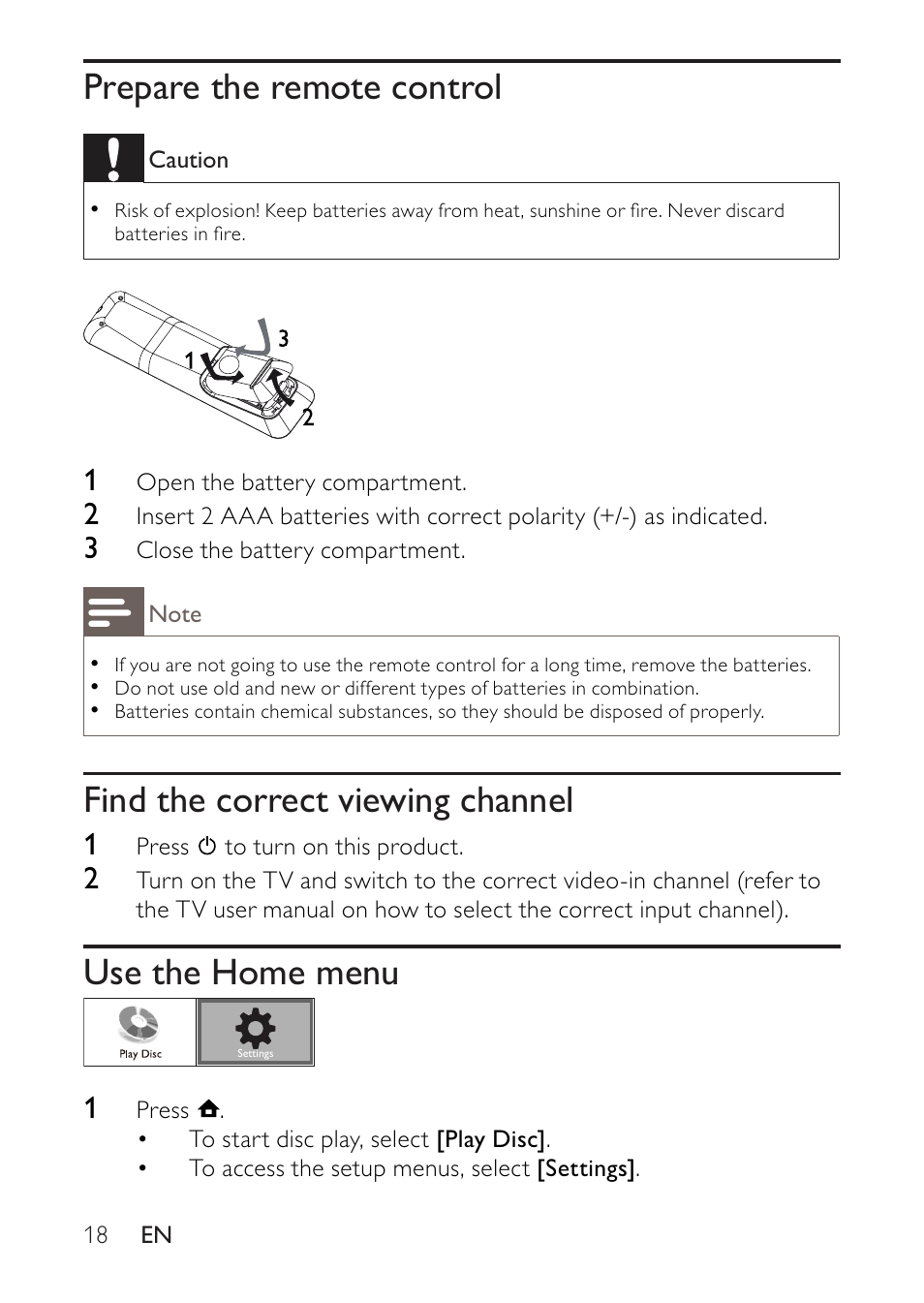 Prepare the remote control, Find the correct viewing channel, Use the home menu | Philips BDP2500 User Manual | Page 18 / 49
