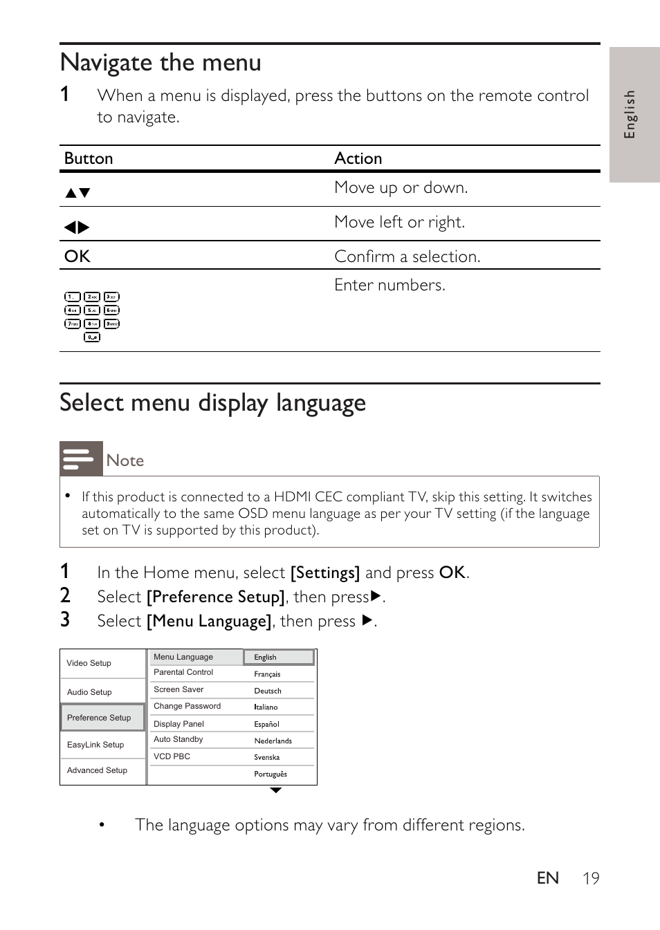 Navigate the menu, Select menu display language | Philips BDP2500 User Manual | Page 19 / 49