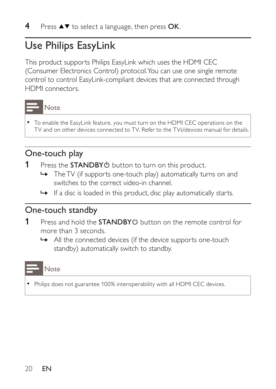 Use philips easylink, One-touch play 1, One-touch standby 1 | Philips BDP2500 User Manual | Page 20 / 49