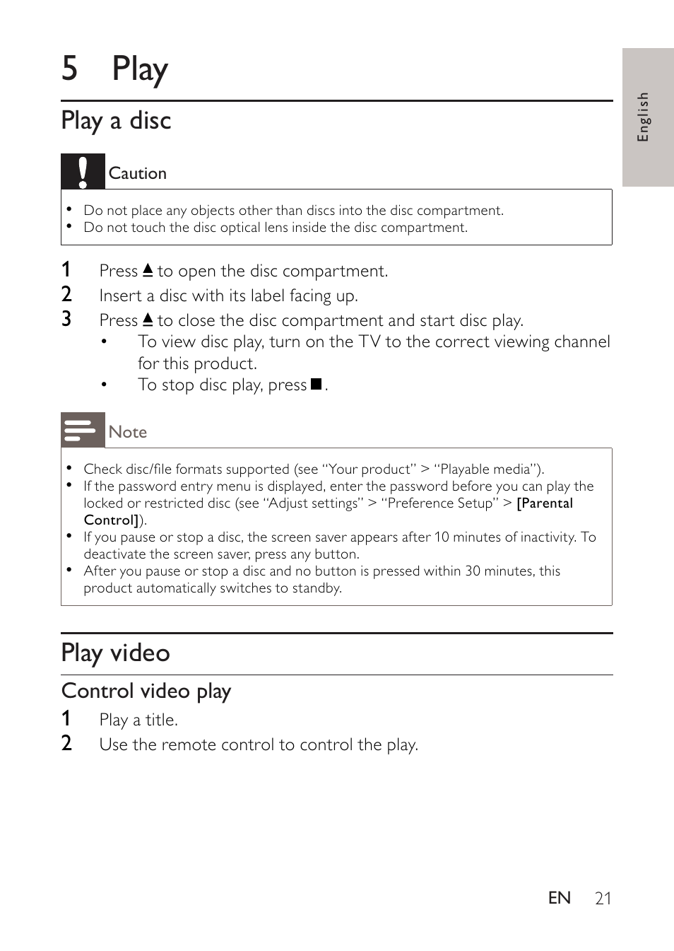 5 play, Play a disc, Play video | Control video play 1 | Philips BDP2500 User Manual | Page 21 / 49