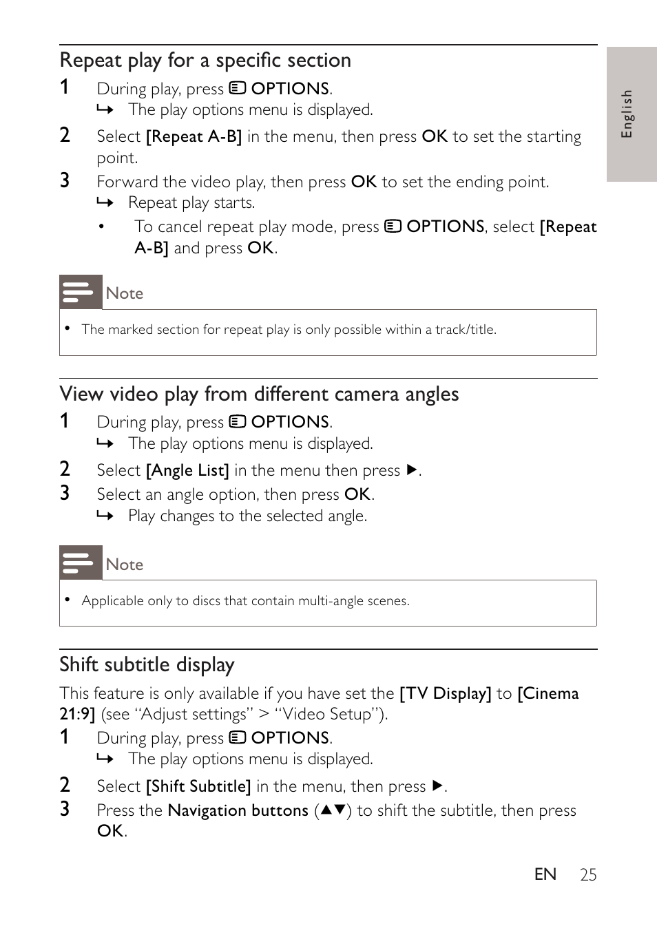 View video play from different camera angles 1, Shift subtitle display | Philips BDP2500 User Manual | Page 25 / 49