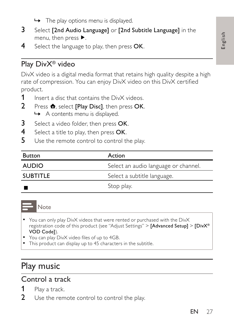 Play music, Play divx, Video | Control a track 1 | Philips BDP2500 User Manual | Page 27 / 49