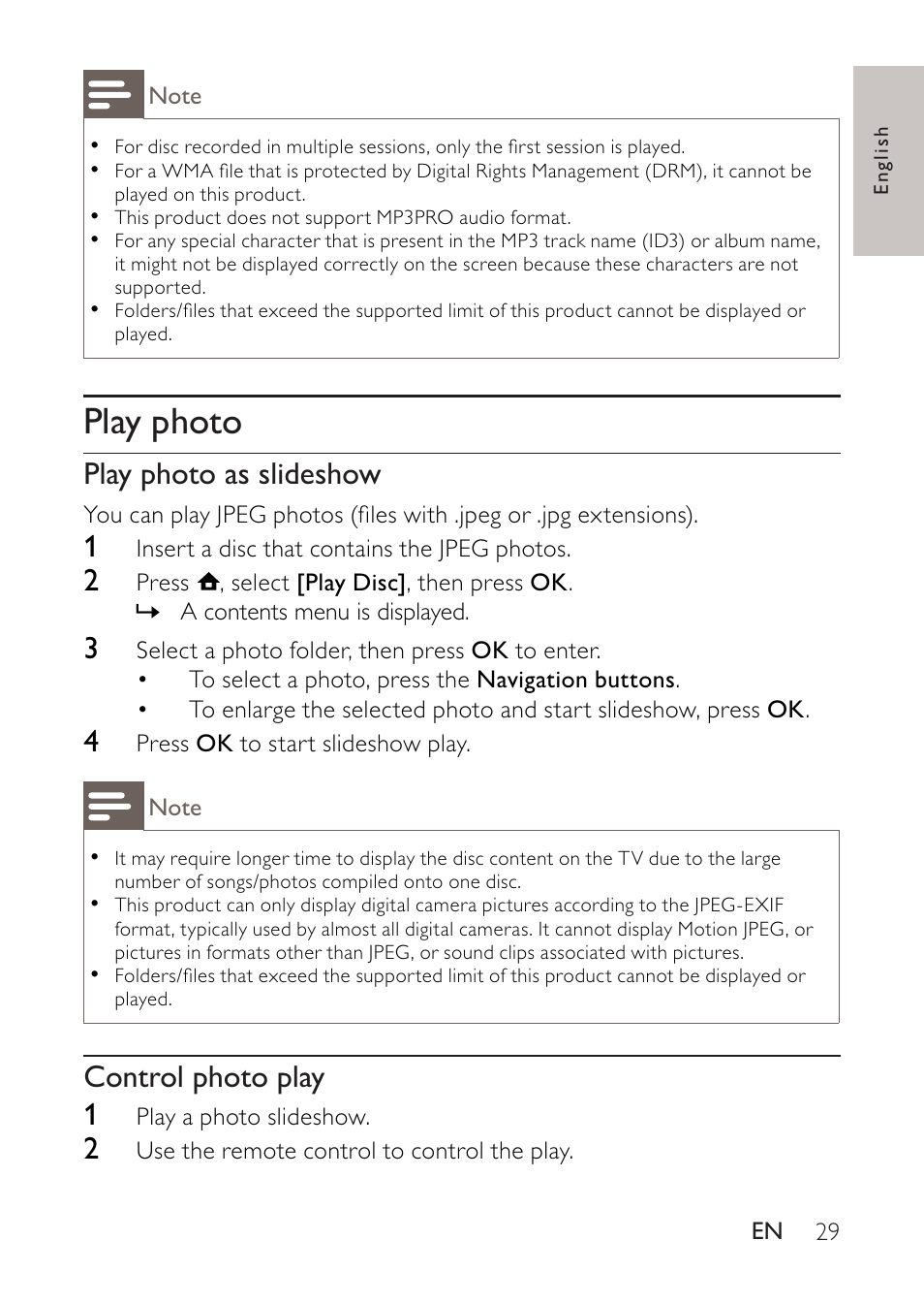 Play photo, Play photo as slideshow, Control photo play 1 | Philips BDP2500 User Manual | Page 29 / 49