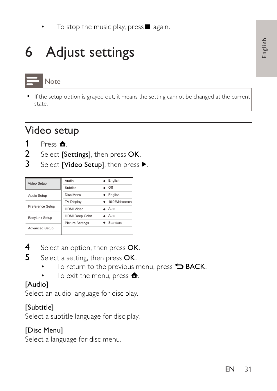 6 adjust settings, Video setup, 6 adjust | Settings | Philips BDP2500 User Manual | Page 31 / 49