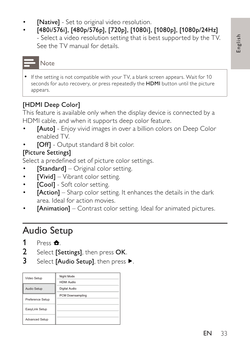 Audio setup | Philips BDP2500 User Manual | Page 33 / 49