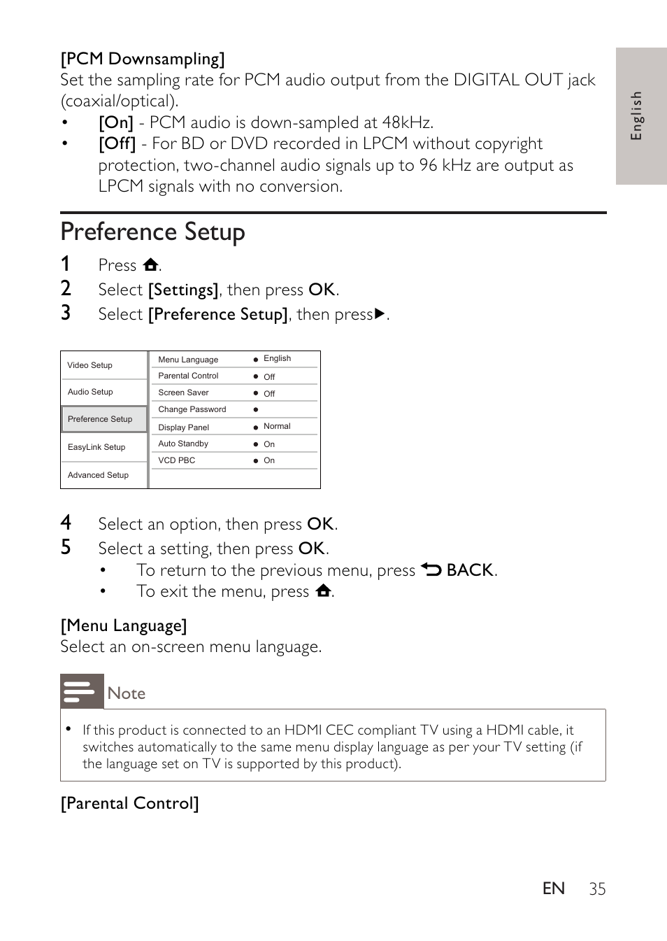 Preference setup | Philips BDP2500 User Manual | Page 35 / 49