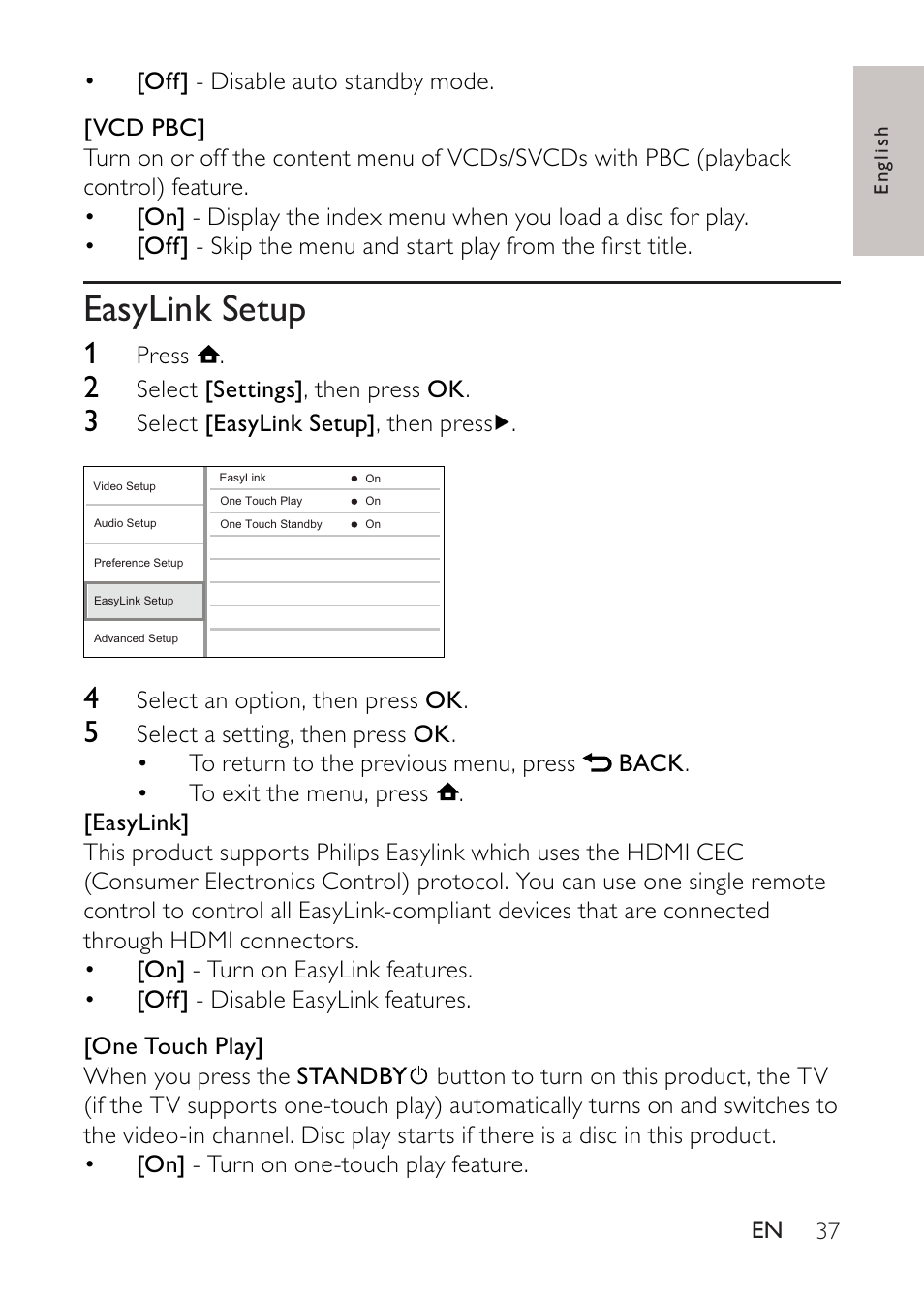 Easylink setup | Philips BDP2500 User Manual | Page 37 / 49