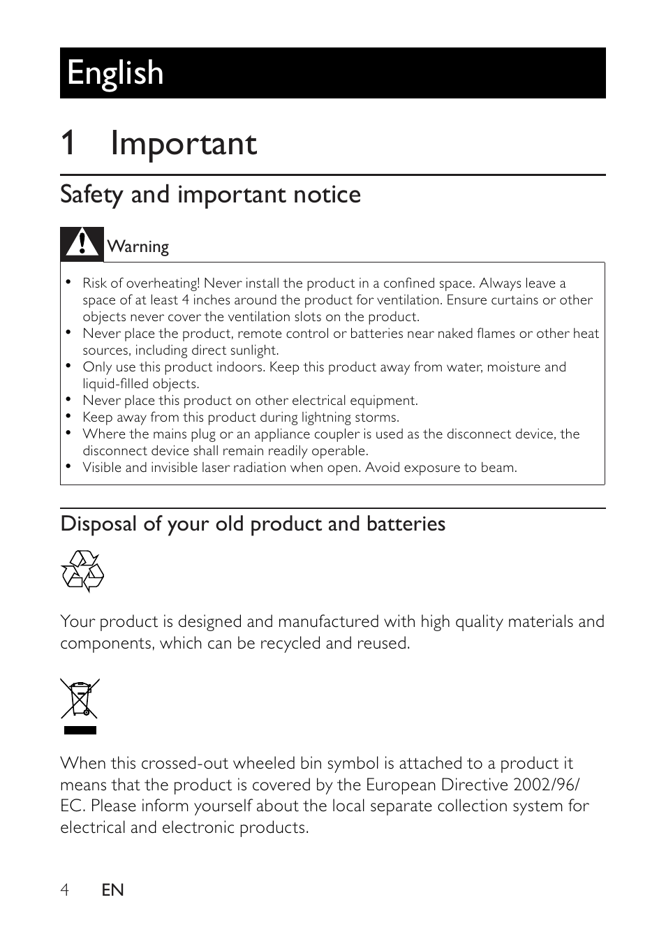 1 important, Safety and important notice, English 1 important | Philips BDP2500 User Manual | Page 4 / 49