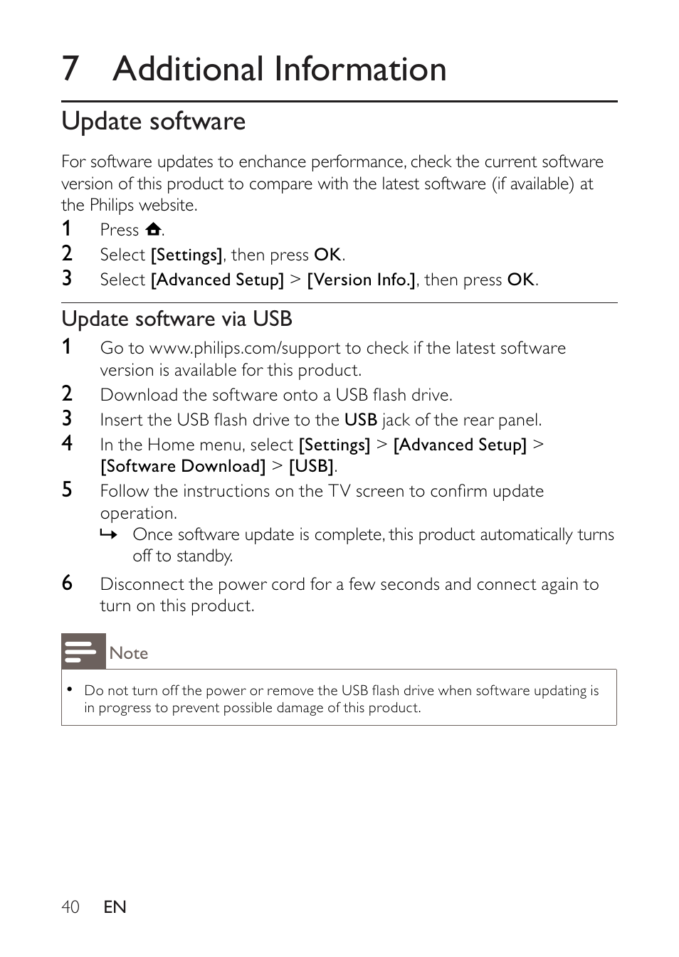 7 additional information, Update software, 7 additional | Information | Philips BDP2500 User Manual | Page 40 / 49