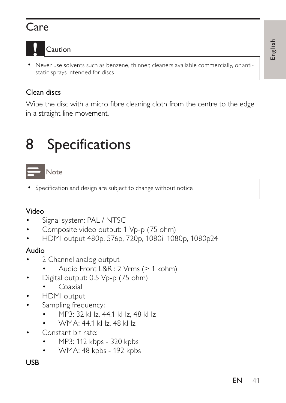 Care, 8 specifications, Care 41 | 8 speciﬁcations | Philips BDP2500 User Manual | Page 41 / 49