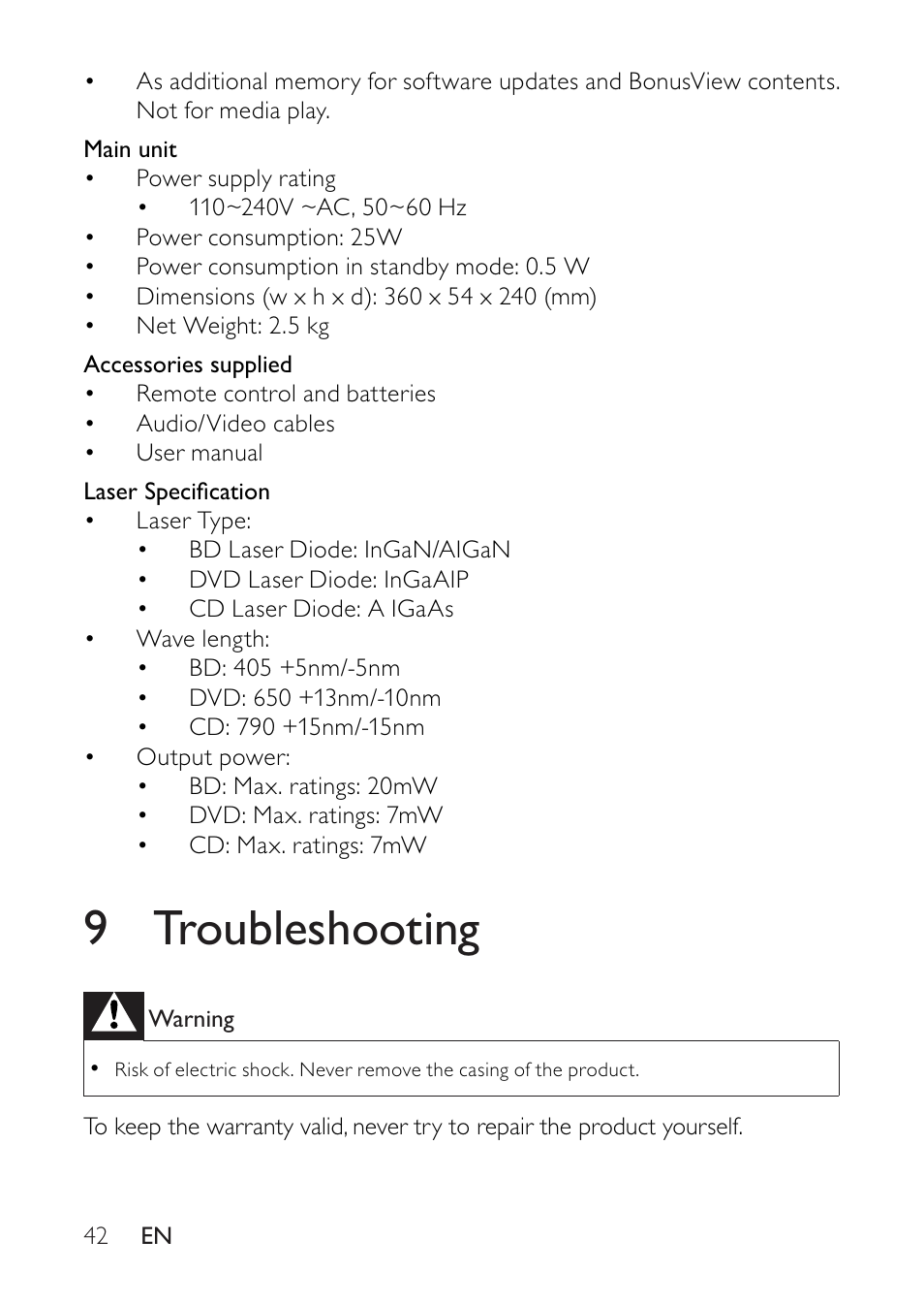 9 troubleshooting | Philips BDP2500 User Manual | Page 42 / 49