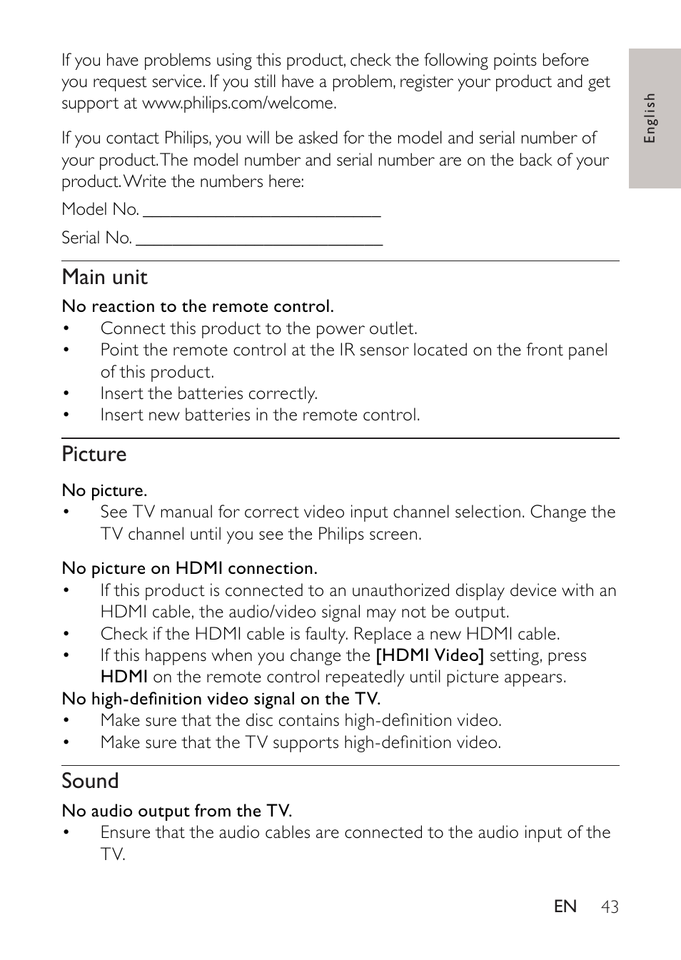 9 troubleshooting, Main unit, Picture | Sound | Philips BDP2500 User Manual | Page 43 / 49