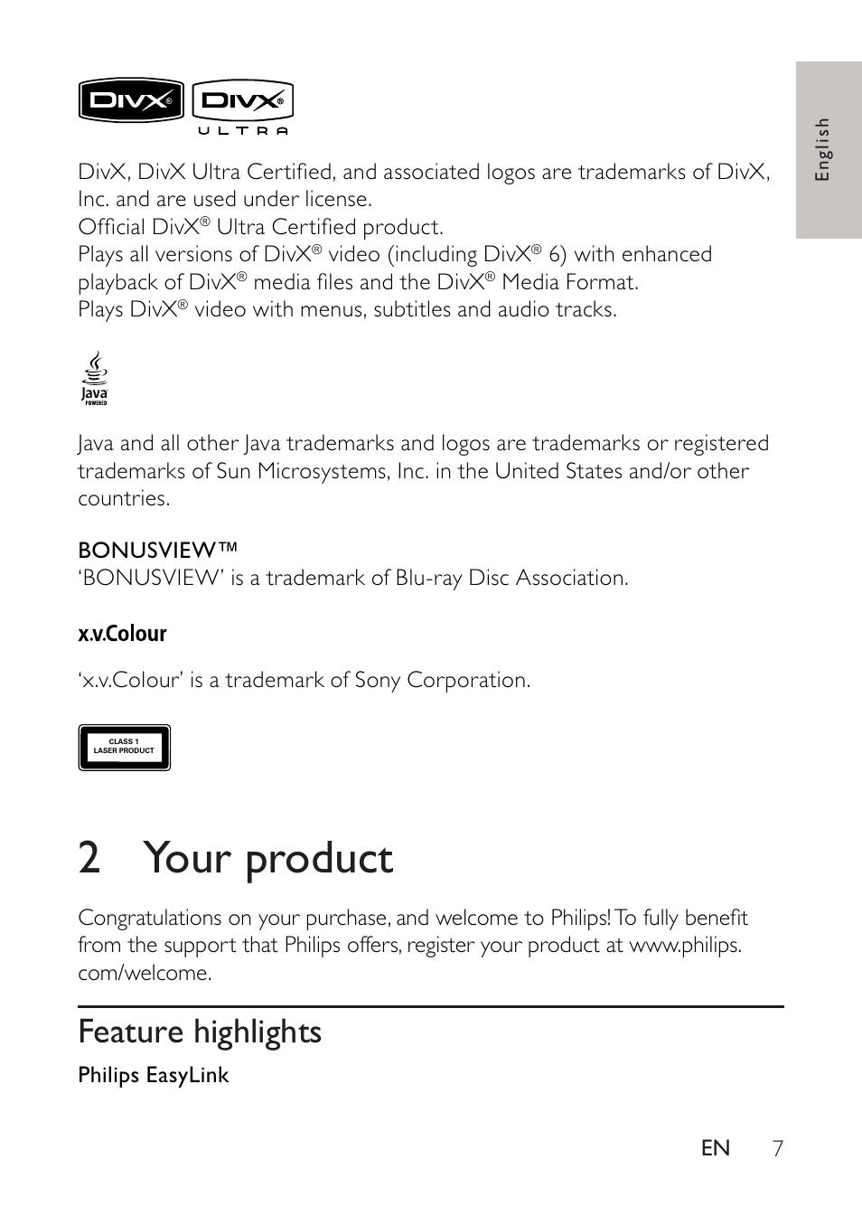 2 your product, Feature highlights, 2 your | Product | Philips BDP2500 User Manual | Page 7 / 49