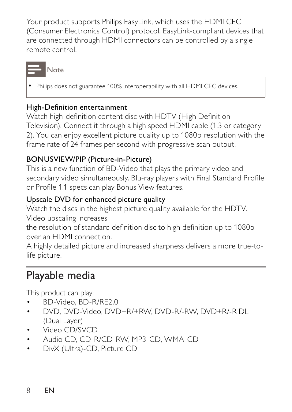 Playable media | Philips BDP2500 User Manual | Page 8 / 49