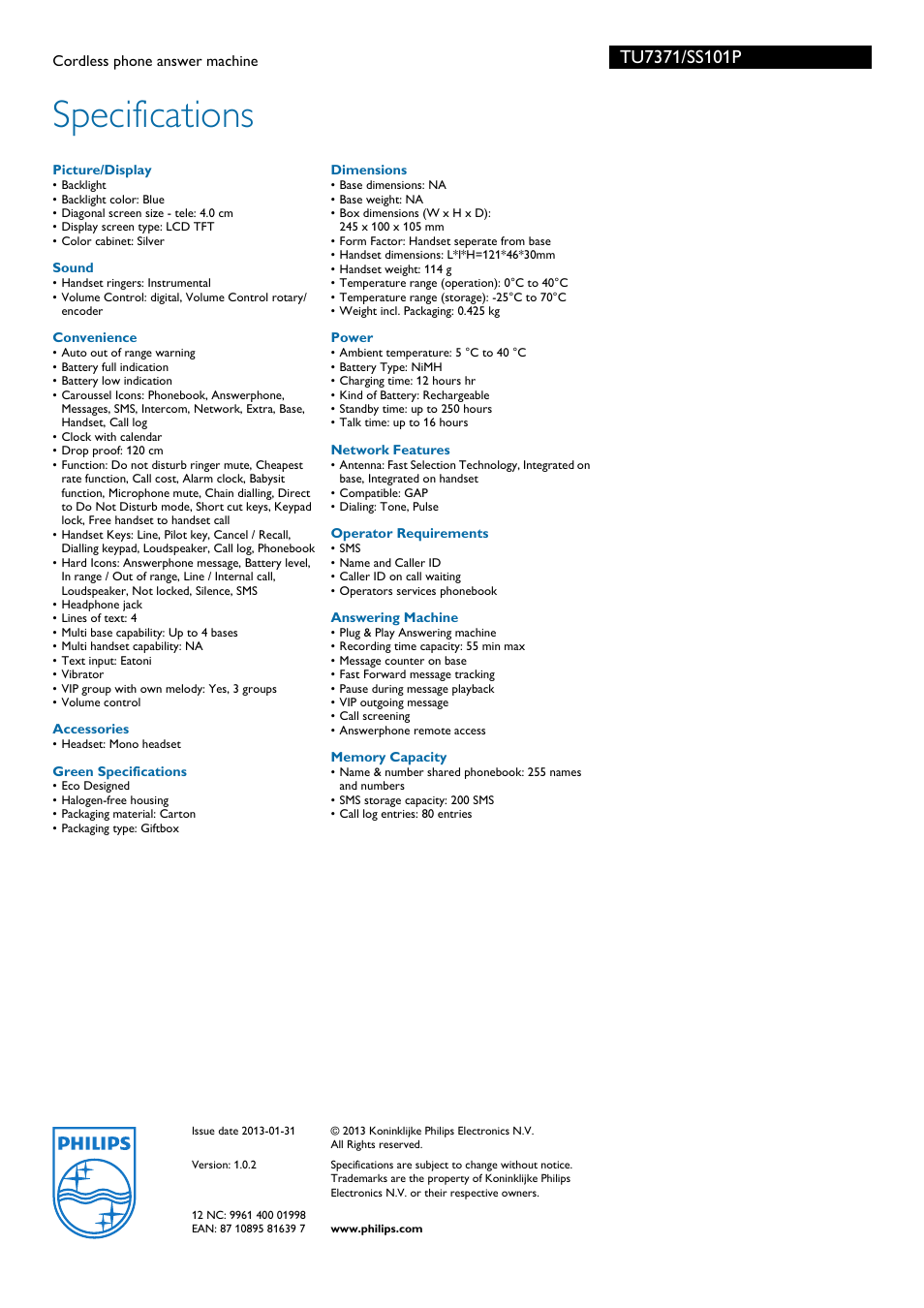 Specifications | Philips SS101P User Manual | Page 3 / 3