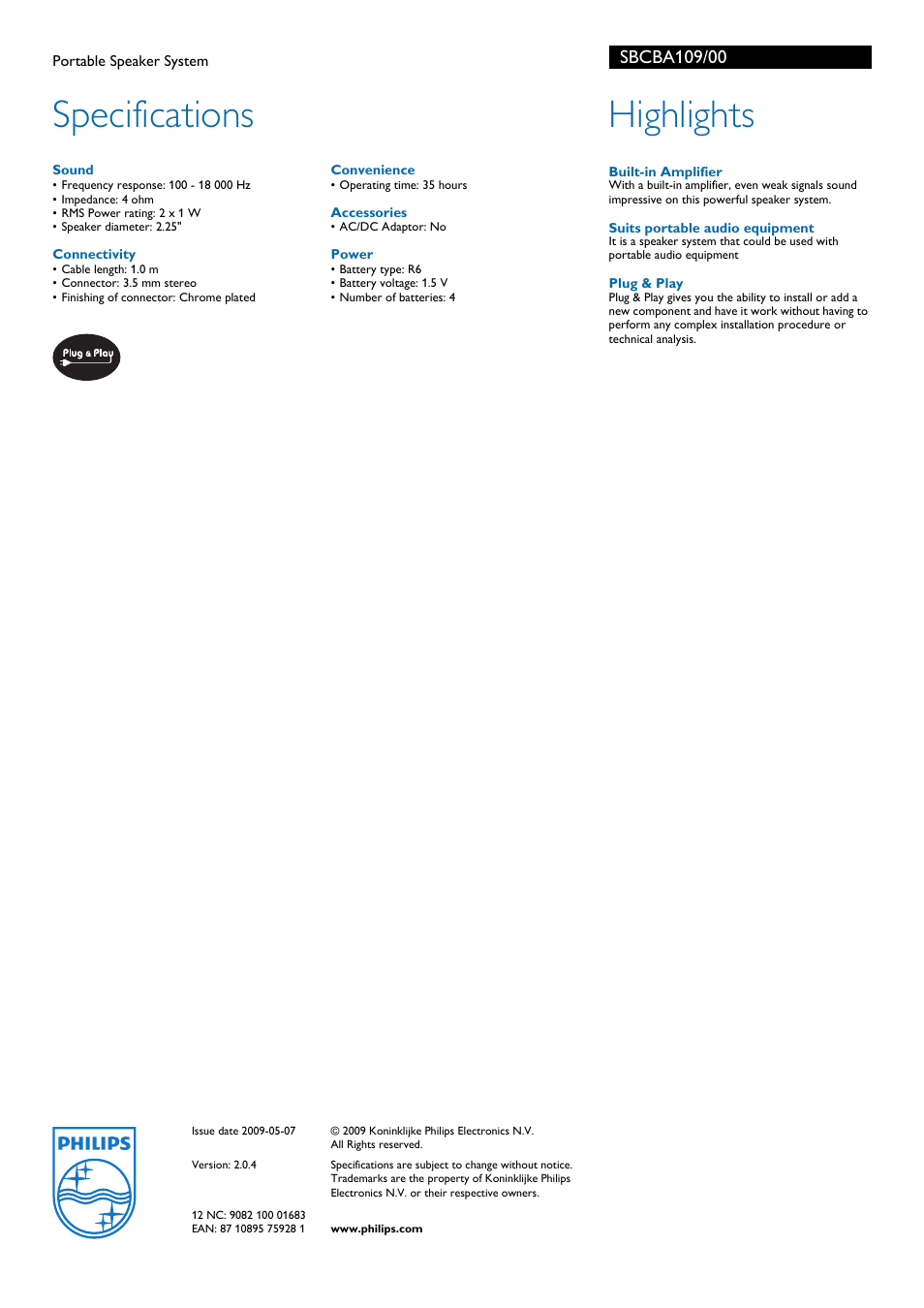 Specifications, Highlights | Philips SBCBA109 User Manual | Page 2 / 2