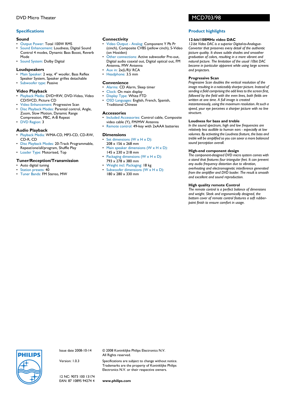 Philips DVD Micro Theatre MCD703 User Manual | Page 2 / 2