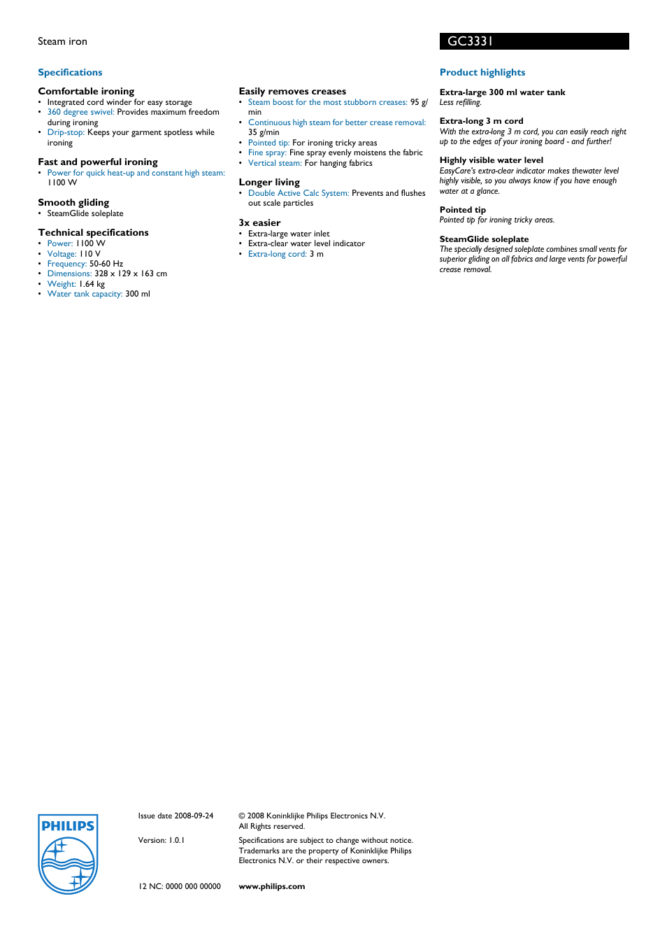 Philips, Gc3331 | Philips GC3331 User Manual | Page 2 / 2