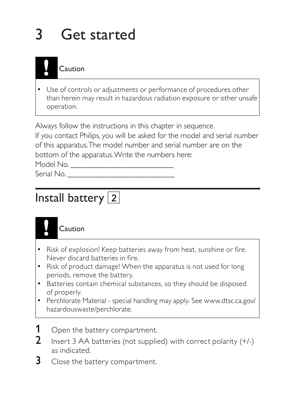 3 get started, Install battery 2 | Philips AE2330 User Manual | Page 10 / 21