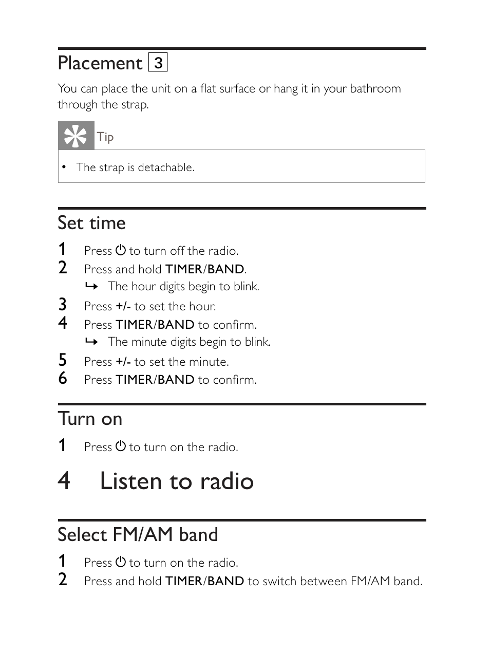 4 listen to radio, Placement 3, Set time | Turn on, Select fm/am band | Philips AE2330 User Manual | Page 11 / 21