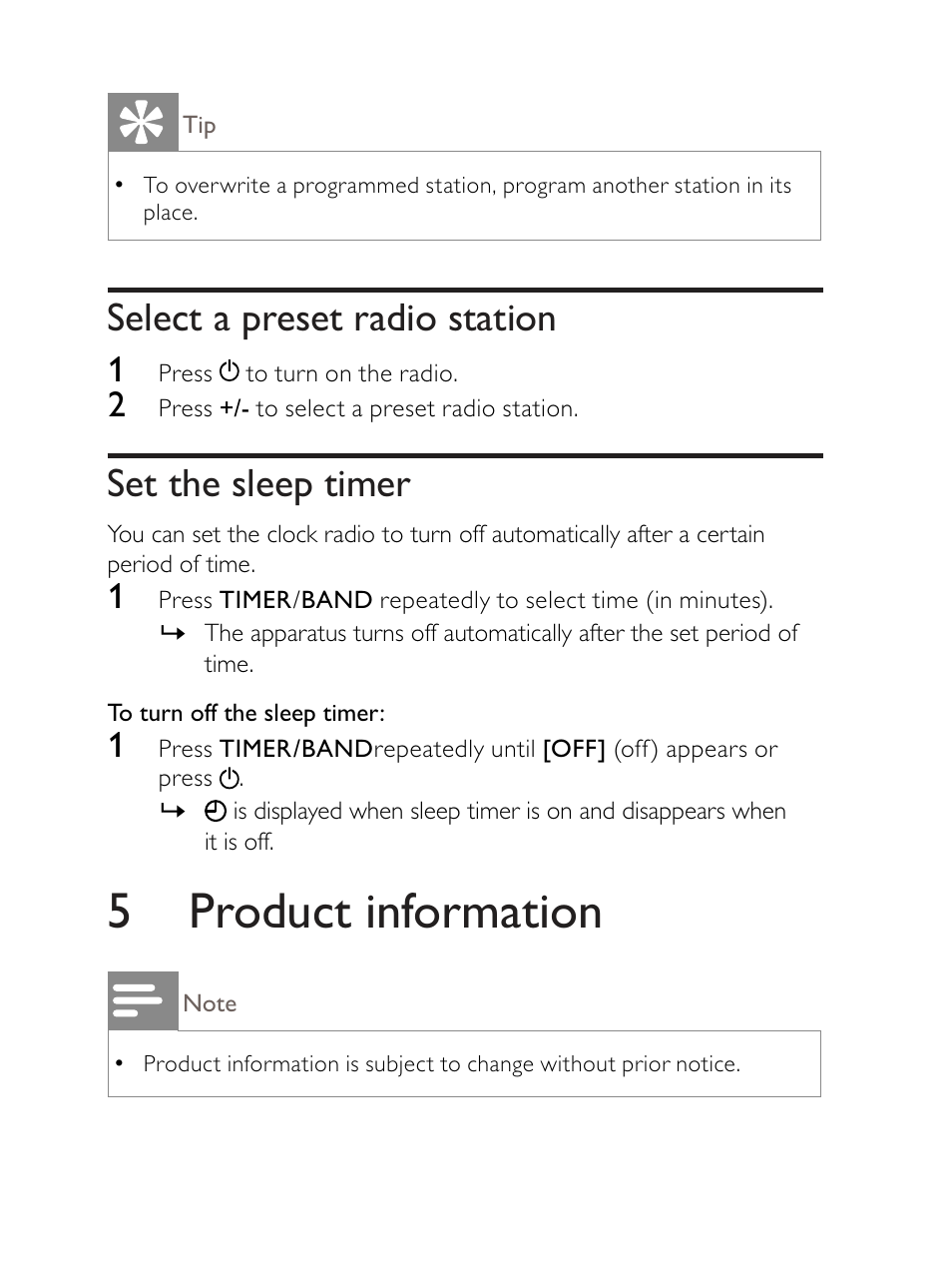 5 product information, Select a preset radio station, Set the sleep timer | Philips AE2330 User Manual | Page 14 / 21