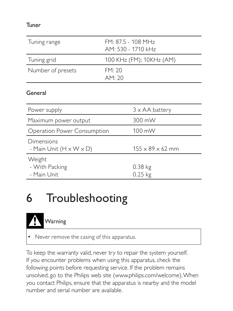 6 troubleshooting | Philips AE2330 User Manual | Page 15 / 21