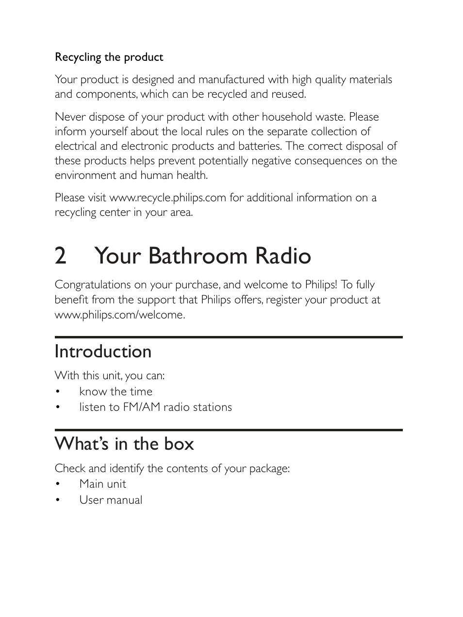 2 your bathroom radio, Introduction, What’s in the box | Philips AE2330 User Manual | Page 8 / 21