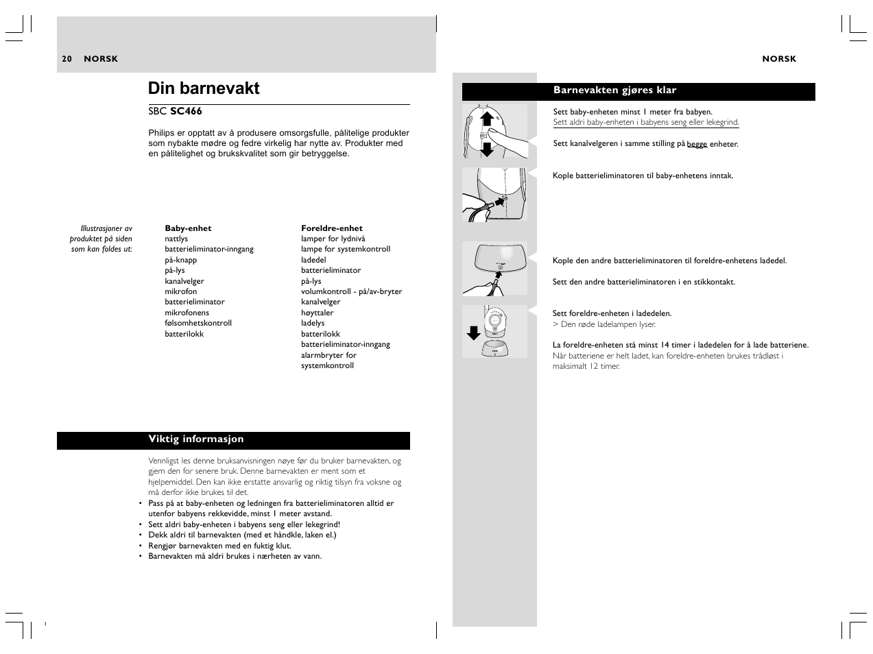 Din barnevakt, Dc 9v system check level charge | Philips SC466 User Manual | Page 12 / 18