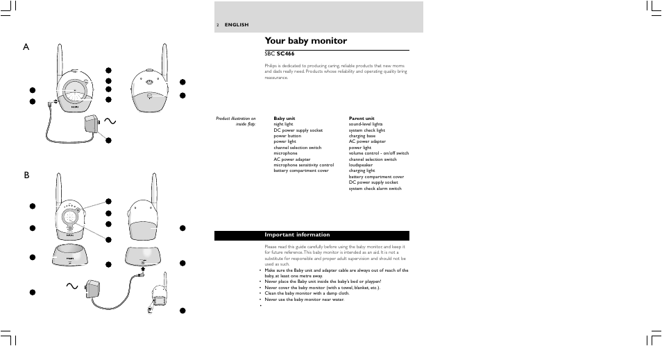 Your baby monitor, Power op en - sensitivity + 4 3 5, System check level dc 9v charge | Philips SC466 User Manual | Page 2 / 18