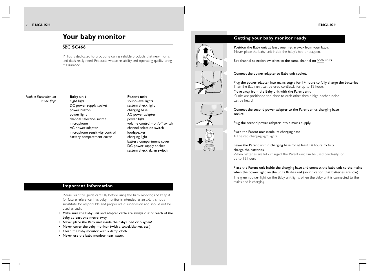 Your baby monitor, Dc 9v system check level charge | Philips SC466 User Manual | Page 3 / 18