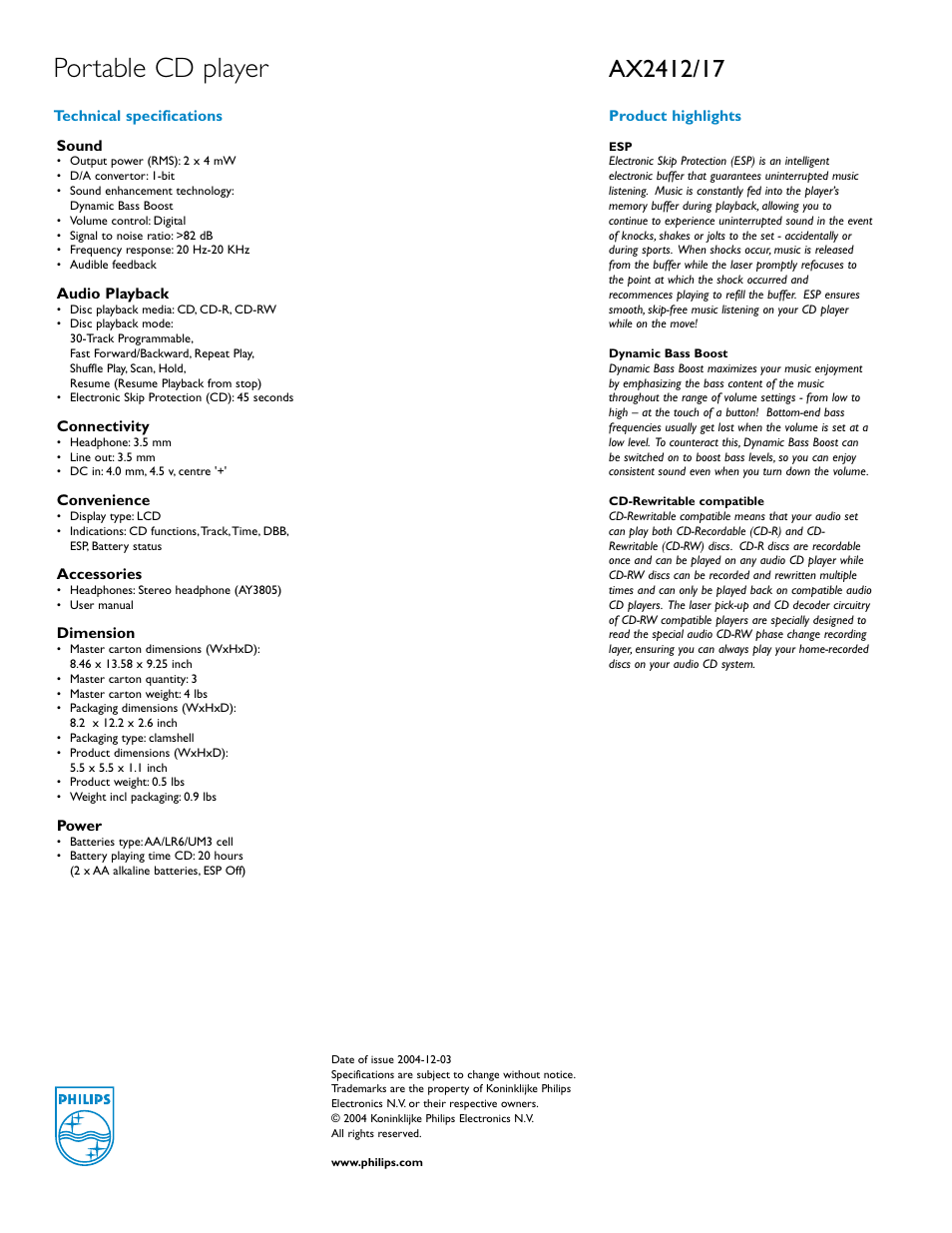 Portable cd player | Philips AX2412 User Manual | Page 2 / 2