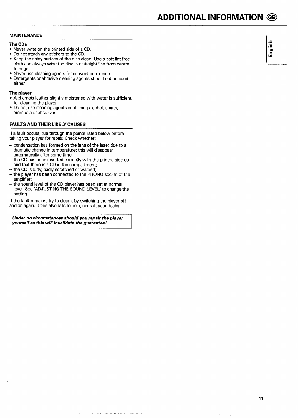 Maintenance, The cds, The player | Faults and their likely causes, Additional information | Philips CD951 User Manual | Page 11 / 17