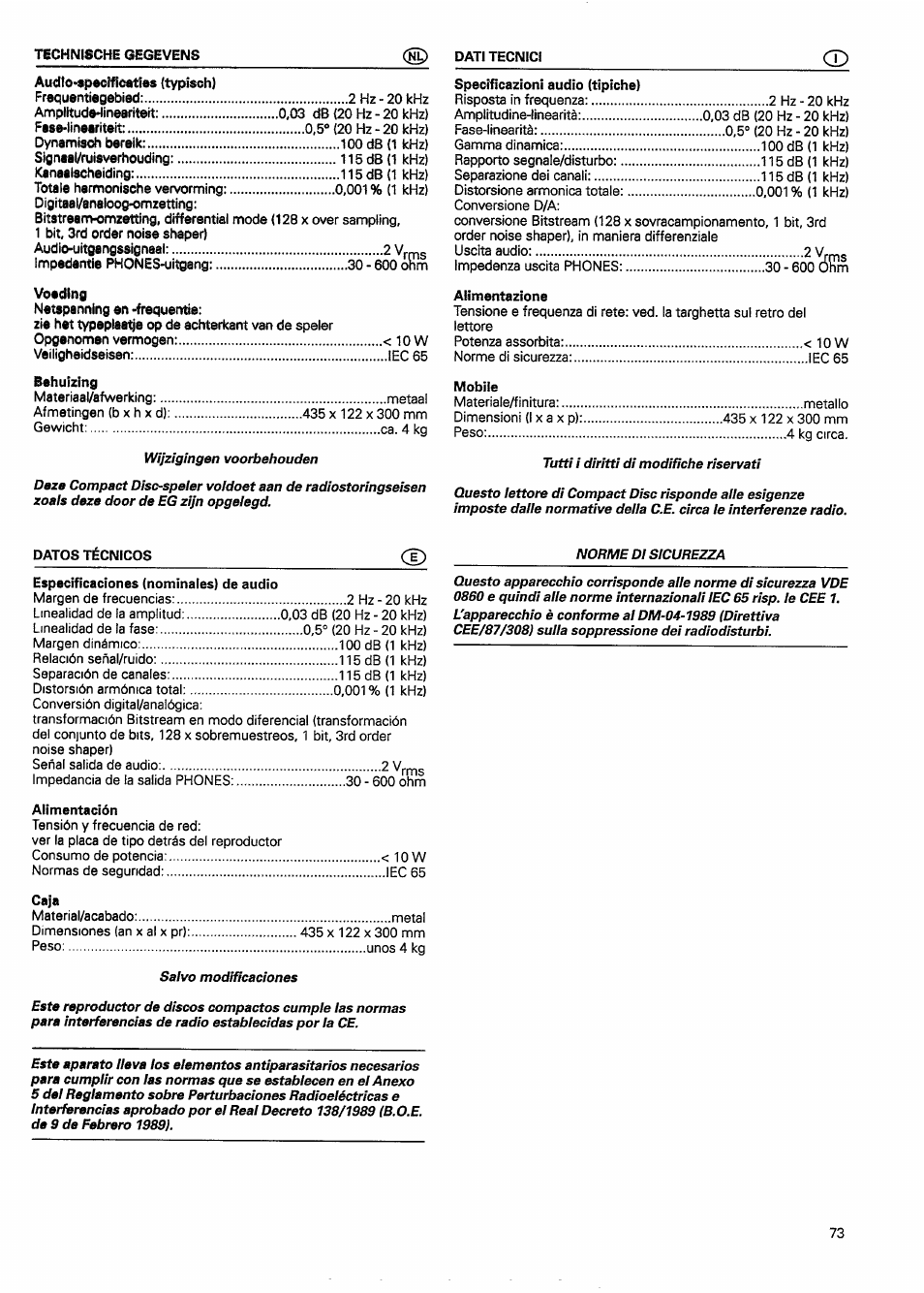 Behuizing, Specificazioni audio (tipiche), Alimentazione | Mobile, Datos técnicos cd, Especificaciones (nominales) de audio, Alimentación, Caja | Philips CD951 User Manual | Page 14 / 17