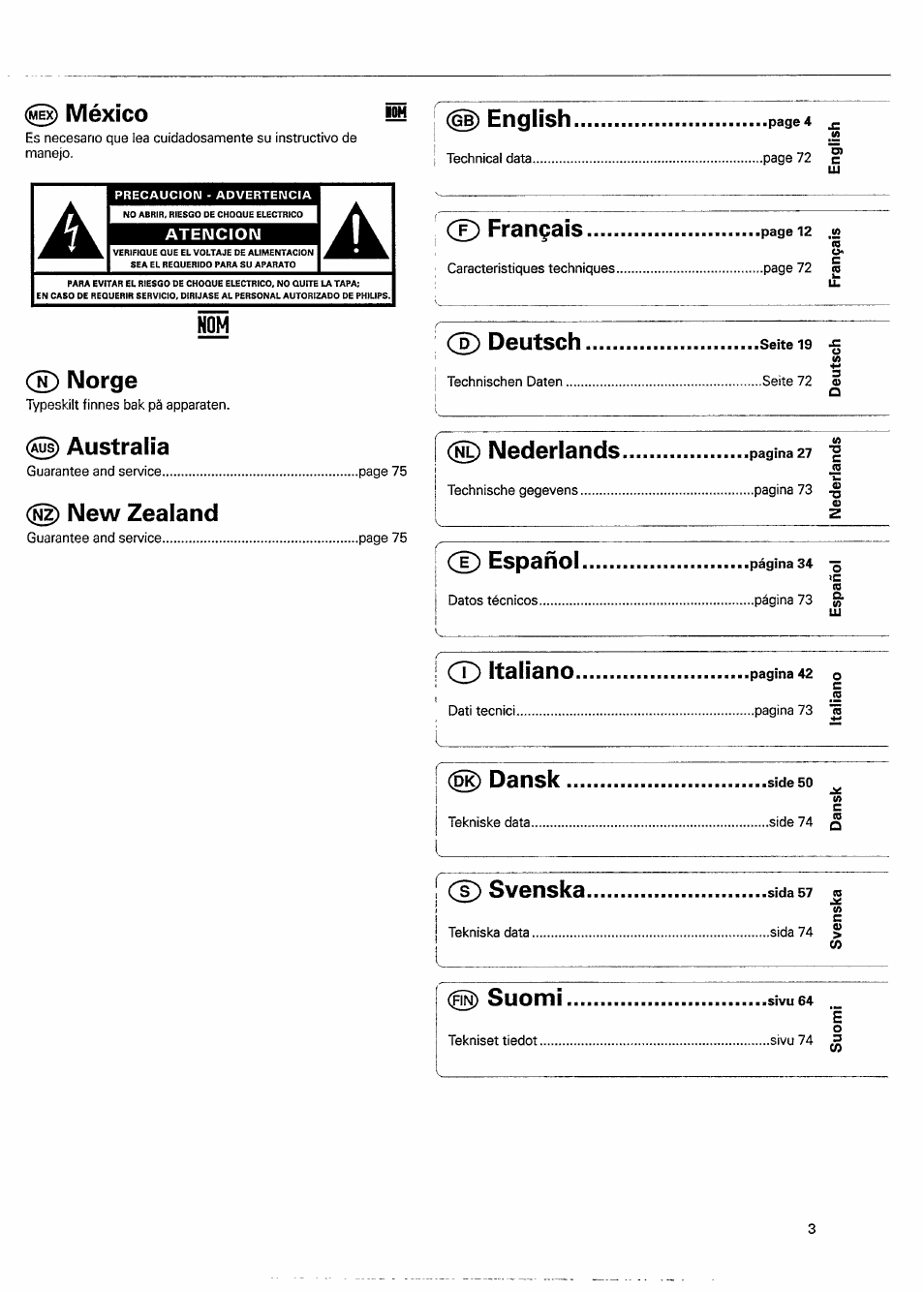 México, English, Norge | Australia, New zealand, F) français, Deutsch, Nederlands, T) español, Cd italiano | Philips CD951 User Manual | Page 3 / 17