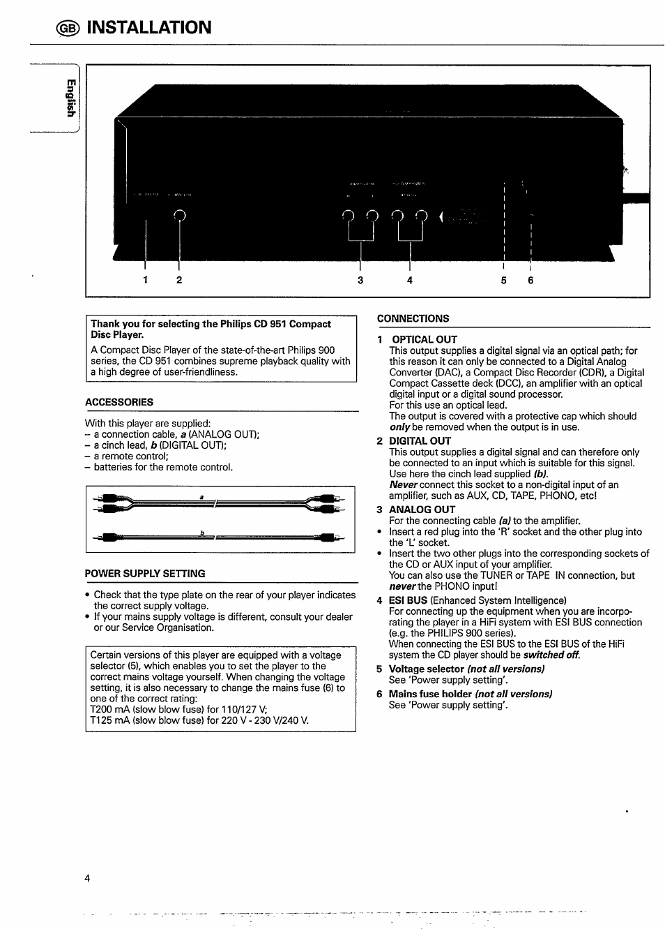 D installation, Accessories, Optical out | Digital out, Analog out | Philips CD951 User Manual | Page 4 / 17