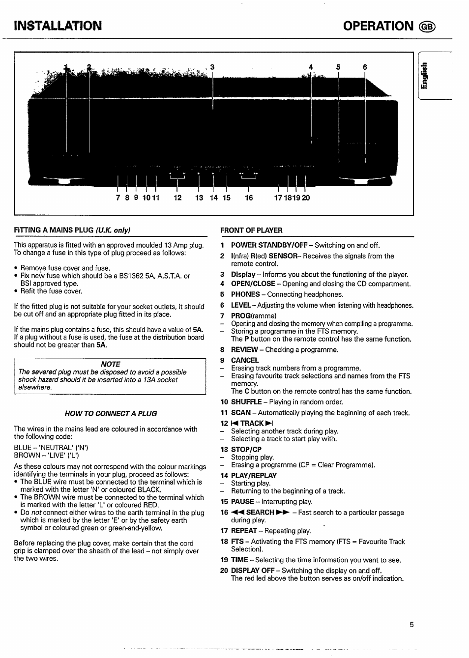 Operation (id, 7 prog(ramme), 9 cancel | 12 !◄ tracks, 13 stop/cp, 14 play/replay, Inställätioisl | Philips CD951 User Manual | Page 5 / 17